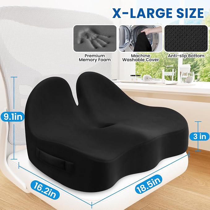 Seat Cushion, Chair Cushions, Memory Foam Office Chair Cushion | Hip & Sciatica & Tailbone Pain Relief, Long Sitting Comfort for Office Chairs/Desk Seats/Wheelchair (X-Large, Black) - Image 2