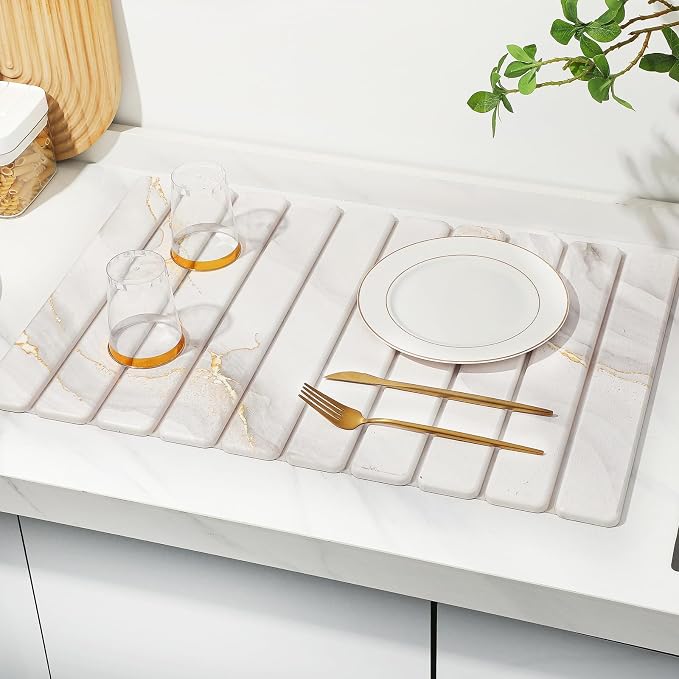 Large Stone Dish Drying Mat for Kitchen Counter,Quick Dry Stone Dishes Mats,Marbled Water Absorbing Diatomaceous Earth Drying Pad for Countertop Bottles Utensils Cups(Yellow White 24"x16"&8"x4") - Image 8