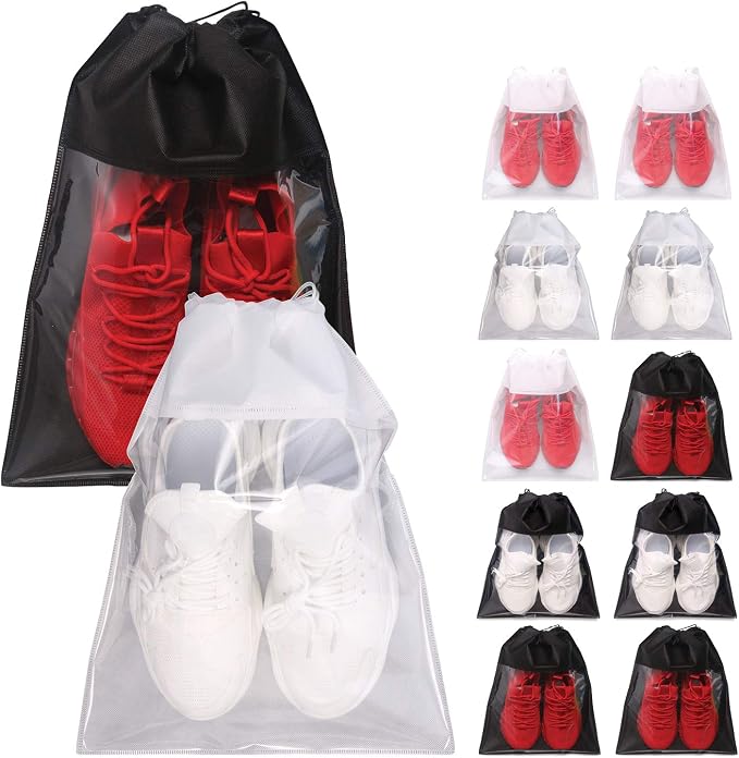 12 Pack Portable Shoe Bags for Travel Large Shoes Pouch Storage Organizer Clear Window with Drawstring for Men and Women 6 Black 6 White by TENABORT