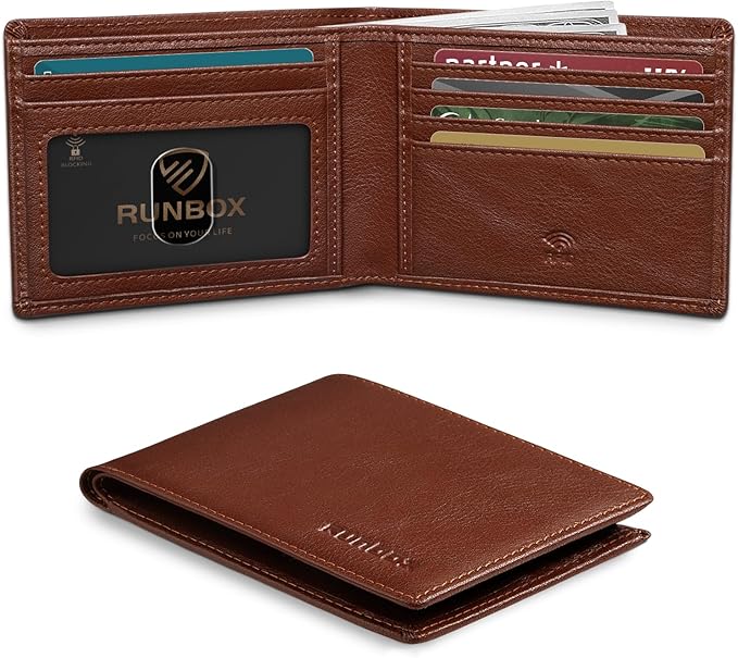 RUNBOX Wallet for Men Slim Leather Bifold RFID Blocking Minimalist Front Pocket Design with Gift Box | Minimalist Front Pocket Design, Holds 8 Cards, RFID Protection, Gifts for Men on Birthdays, Father’s Day, and Christmas by RUNBOX