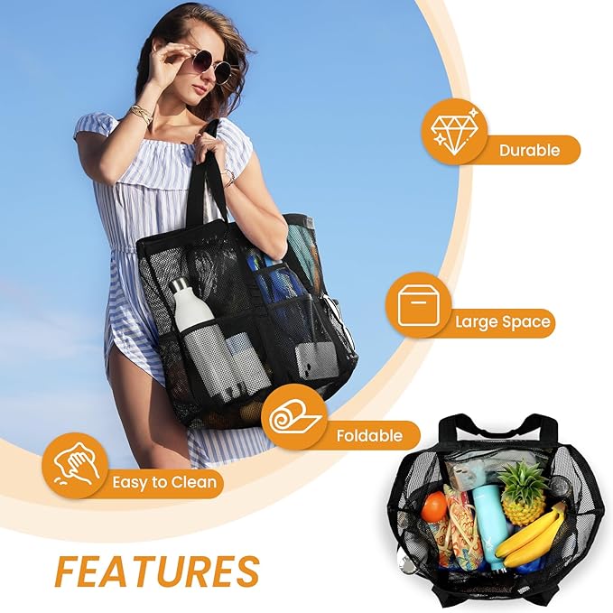 Tavaleu Mesh Beach Bag, Large Capacity Beach Tote, Multi Pockets, Sandproof | Mesh Material, Multiple Storage Pockets, Lightweight & Foldable Design, For Beach & Pool Use, Easy to Clean & Quick Dry - Image 5