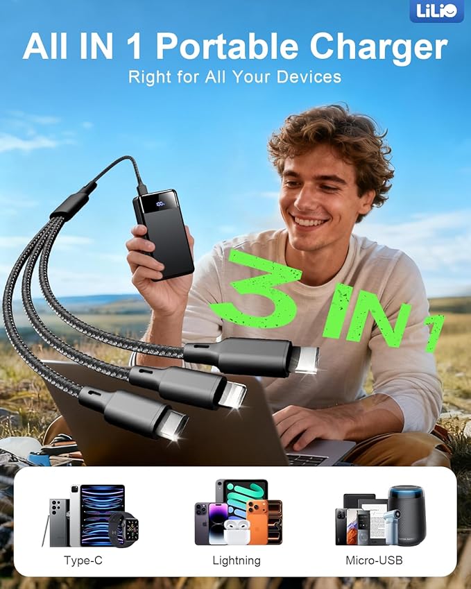 LILIO 60000mAh Portable Charger, 22.5W Fast Charging with 3 in 1 Cable | Charges 5 Devices, LED Display, Fits Camping, Road Trips, Hiking, Emergencies, for iPhone 17-12/Samsung/Android/iPad - Image 3