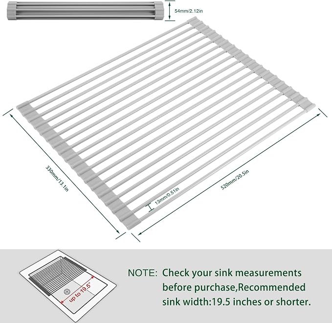 HANZENMA Roll Up Dish Drying Rack Over The Sink Kitchen Roll Up Sink Drying Rack Multipurpose Foldable Sink Drying Mat, Heat-Resistant, Anti-Slip & Anti-Rust Dish Rack for Kitchen, 20.5" x 13", Grey - Image 2
