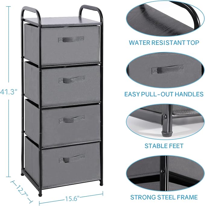 MAX Houser 4 Drawer Fabric Dresser Tall Storage Tower, Dresser Chest with Wood Top, Vertical Nightstand Side Organizer Unit with Metal Frame for Closets Bedroom Nursery Room Hallway(Leaden) | Dresser Chest with Wood Top, Vertical Nightstand Side Organi... - Image 3