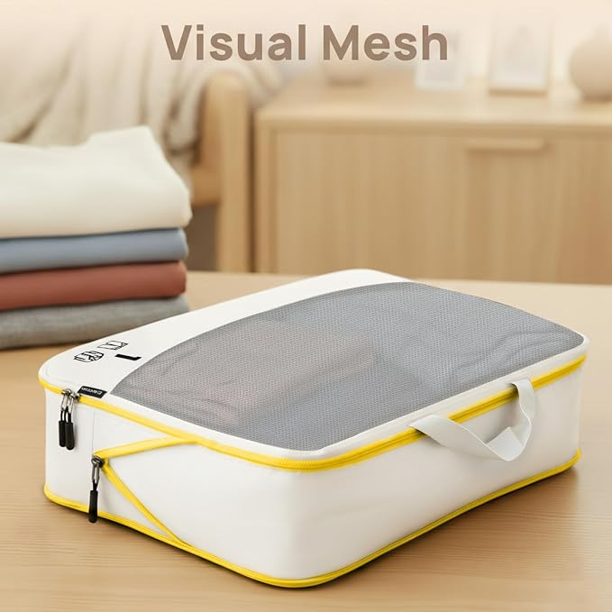 7 Set Compression Packing Cubes for Travel, Luggage Organizer Bags for Suitcases with Mesh Panels, Shoe Bag & Toiletry Bag for Carry On, Vacation & Cruise Essentials (White) - Image 8