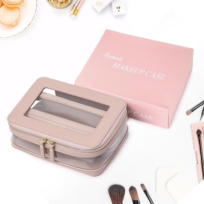 Pinkmik Clear Makeup Bag with Brush Case, (Pink, M+SLIM-1) | 2PC,Travel Toiletry Bag, Waterproof, Cosmetic Organizer, Car Essentials for Women - Image 7