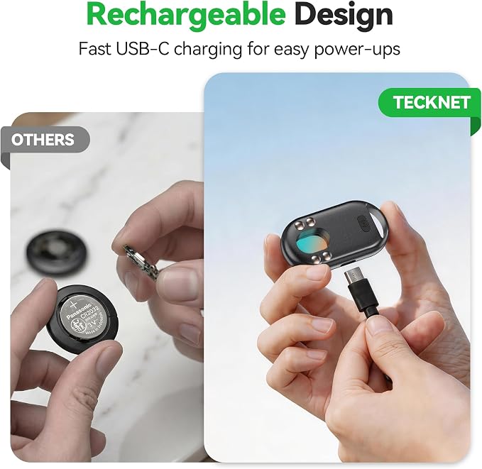 TECKNET [MFi Certified] Air Tracker Tags, Rechargeable Bluetooth Tracker | 3-in-1 Find My Tracker 4 Pack (iOS Only), 100dB Alarm & IR Lens Finder, IP67 Waterproof, Item Locator for Key Luggage Wallet - Image 4