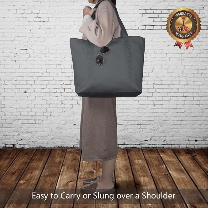 TOPDesign 1-Pack Canvas Tote Bag with an External Pocket, Reusable Grocery Shopping Bag, Top Zipper Closure, Daily Essentials (Grey) - Image 2