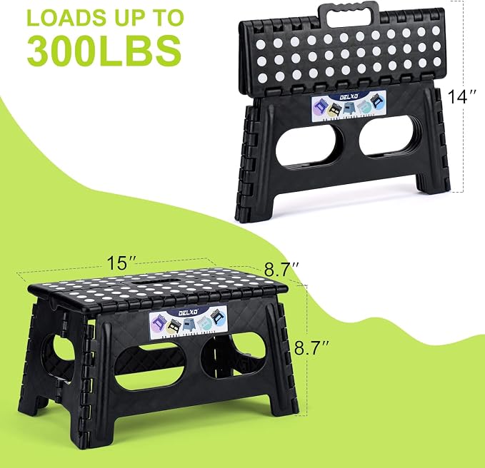Delxo Folding Step Stool 9 inch,300Lbs Extra Wide Step Stool for Kids | Foldable Step Stool,15-Inch Extra Wide Non-Slip Foot Stools with Handle,Lightweight for Kitchen,Bathroom,Bedroom,Garden Black - Image 3