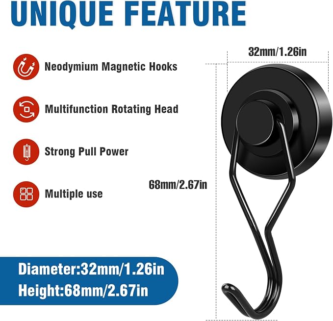 Swivel Swing Magnetic Hook 120LBS Heavy Duty Magnet Hook 10 Pack | Strong Neodymium Magnets for Refrigerator Other Surfaces 67.5mm(2.66in) in Length Black - Image 2