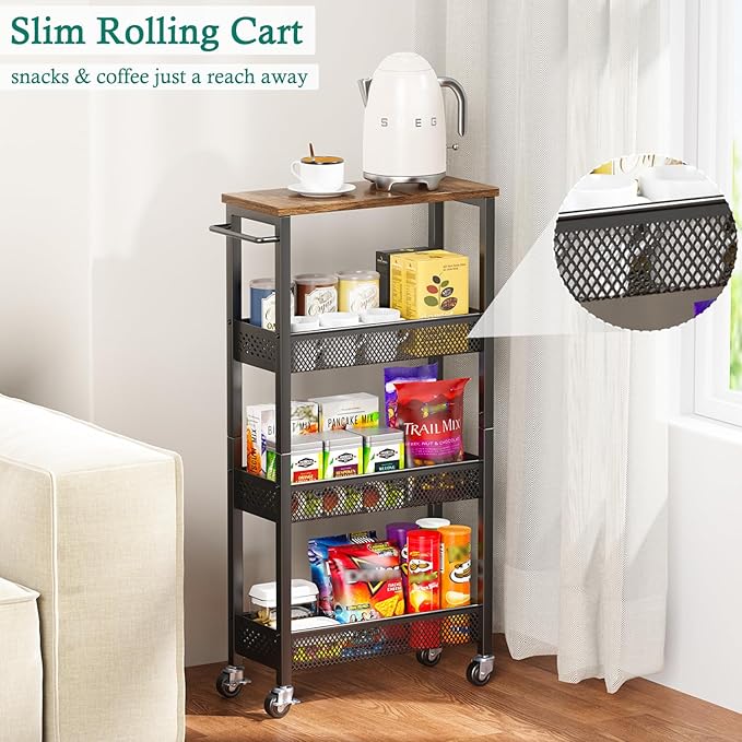 XYZLVSI Utility Slim Storage Cart, 4 Tier Kitchen Narrow Shelf on Wheels | 7.1" W skinny rolling cart with wooden top and metal handle, ideal for bathroom/dorm/office, between washer and dryer storage - Image 5