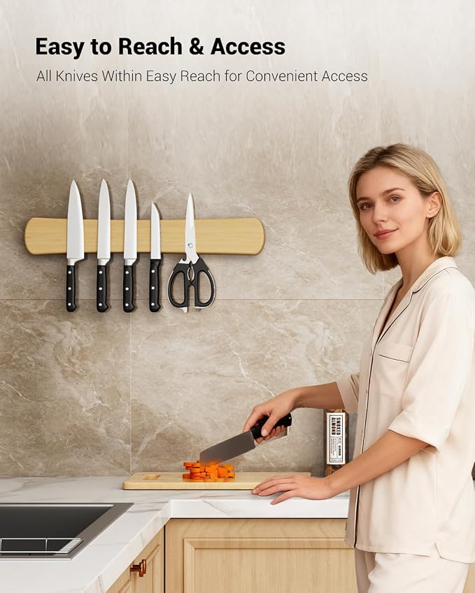 Magnetic Knife Holder, 16 Inch Bamboo Wood Knife Strip for Wall or Fridge | Fridge Magnetic or Screw-Mounted, Strong Magnet Secures Knives, Space-Saving, Kitchen Knife Storage, Housewarming Gift - Image 3