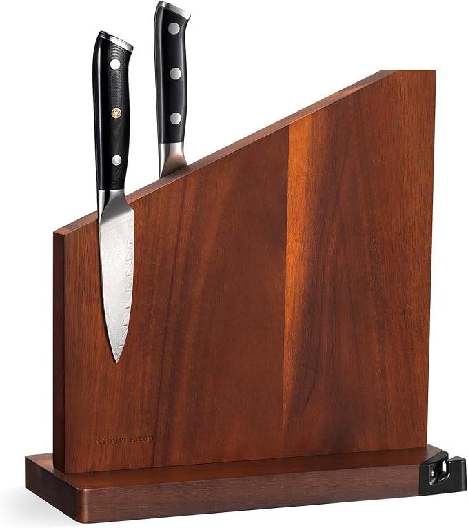 Magnetic Knife Block with Sharpener, Double Sided, Dark Acacia | Multi-Row Magnet, Hold 12 Knives as Damascus & Heavy Cleaver, No Slip, Countertop Kitchen Organizer, No Installation, Gift by Gourmetop