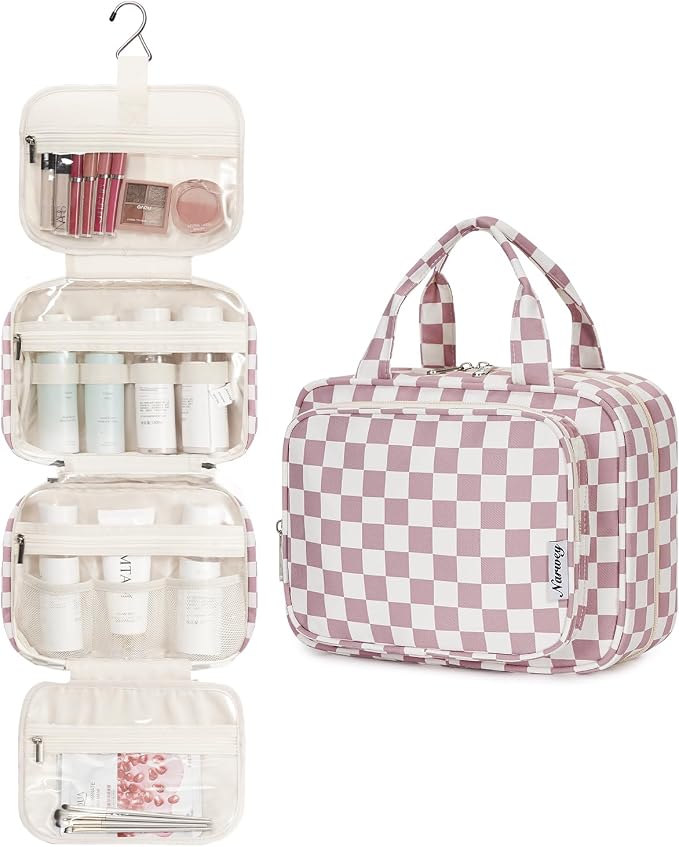 Narwey Hanging Toiletry Bag for Women Travel Makeup Bag Organizer Toiletries Bag for Travel Size Essentials Accessories Cosmetics (Dusty Pink Checkerboard (Medium)) - Image 2