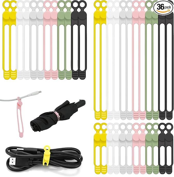 36Pcs Silicone Cable Ties, 6 Colors Data Cable Organizer Ties, 3 Sizes Cord Ties for Charging Cables, Wire Organizers, Electrical Cords, Computer Wires, Cord Organizers by CozyNestMo