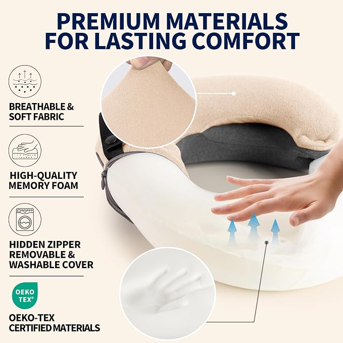 Travel Neck Pillows for Airplanes, Memory Foam 360° Head Support Sleep for Long Flight, Skin-Friendly & Breathable, Kit with Eye Mask, Earplugs and Storage Bag (Adult, Beige, 90+ lbs) - Image 4