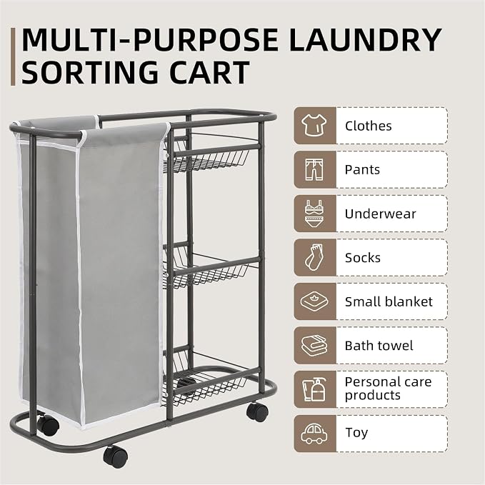 Rolling Laundry Sorter with 3 Storage Baskets and 45 L Bag | 3-Tier Laundry Caddy, Between Washer and Dryer, With Wheels and Handle, For Narrow Space Bathroom Apartment Dorm - Image 8