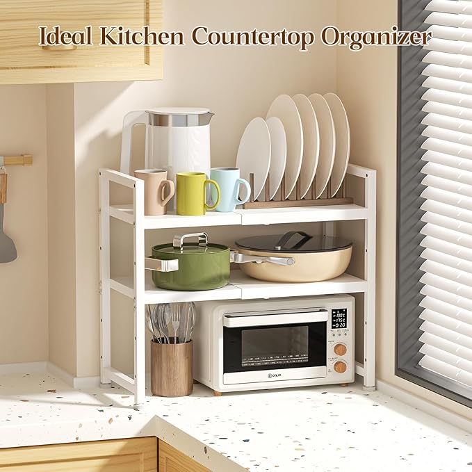 2-Tier Expandable Kitchen Storage Shelf,150LBS Heavy Duty Metal Shelving Units For Small Appliance,Adjustable Pots and Pans Organizer Rack Shelves For Kitchen Counter Under Cabinet Garage Pantry,White - Image 7