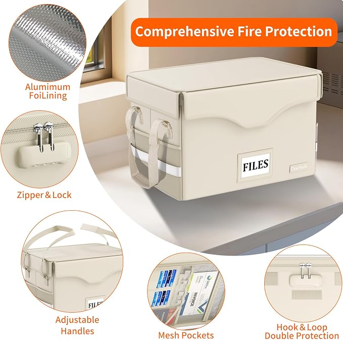 DocSafe 5200°F Fireproof Document Box with Lock,Heat Insulated File Organizer Storage with Pockets,Collapsible Portable Home Office File Safe Box with Handle for Hanging Letter/Legal Folders, Beige - Image 4