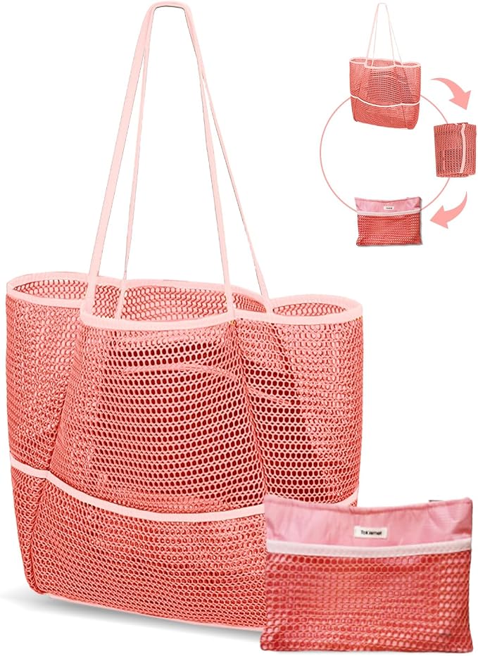 Mesh Beach Tote Bag for Women, 2-in-1 Large Lightweight Foldable Design | Packable into Matching Makeup Pouch | Multiple Pockets | Quick-Dry Sandproof Mesh | Beach, Pool, Travel, Shopping & Gym by Unknown
