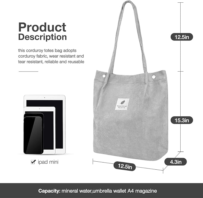 LHMTQVK Corduroy Tote Bags for Women, Large Capacity Tote Purse Reusable Grocery Shoulder Bag with Inner Pockets - Image 3