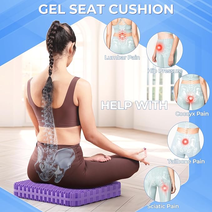 TushGuard Gel Seat Cushion for Long Sitting, Breathable Thick Patent Design | Enlarged Cooling Chair Pad for Office Chair, Wheelchair, Desk Chair, Supportive Car Cushion (Standard, Black+Violet) - Image 6