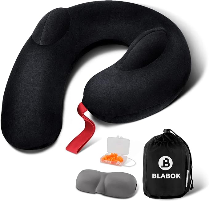 Patented Design Inflatable Travel Neck Pillow – Airplane Neck Pillow with 360° Head & Neck Support, Soft Washable Velvet Cover, Compact Neck Support Pillow for Airplane,Train,Car,Office & Home (Black) by BLABOK