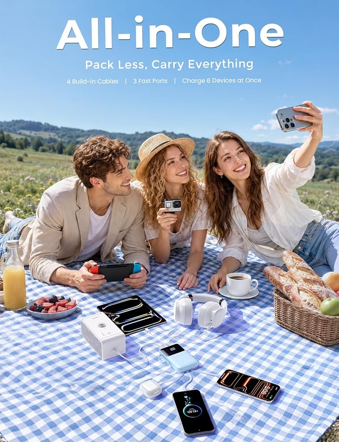15000mAh Portable Charger Power Bank, Smaller Built-in 4 Cables SkyBlue | 22.5W 50% More Capacity, 45% Smaller, Slim Travel Essential Battery Pack, 30-Min Fast Charge to 50% for iPhone/Samsung - Image 4