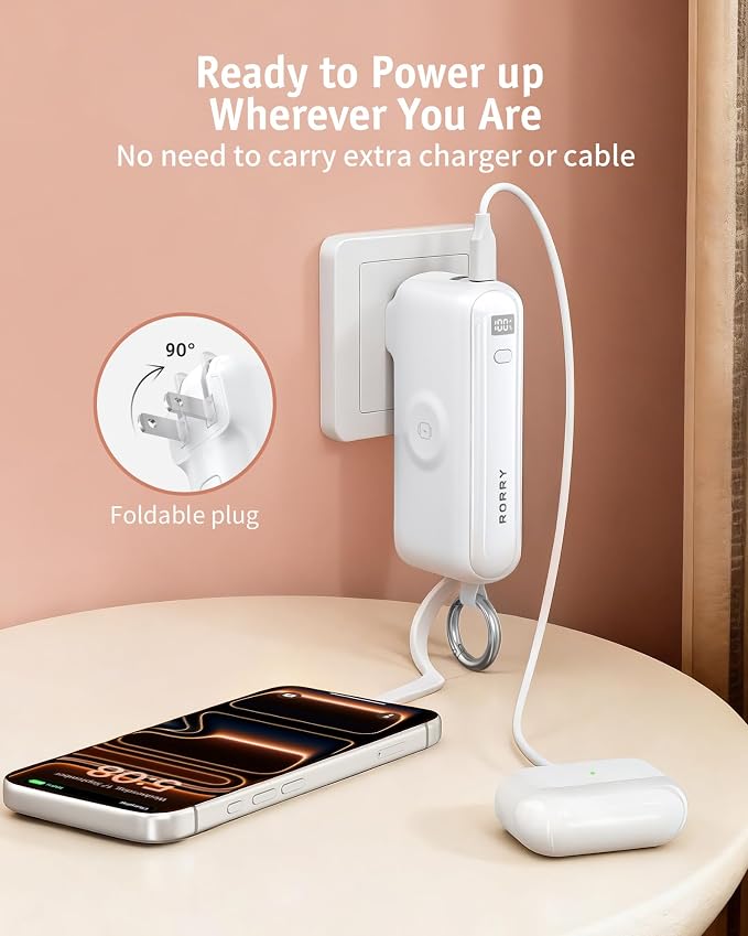 RORRY Flow Portable Charger 10000mAh 40W Wall Plug Power Bank Battery Pack | Built-in USB-C Cable, Keychain Design, Fast Charging, for iPhone 17/16/15, Apple Watch, iPad, 3-in-1, Travel Essential - Image 6