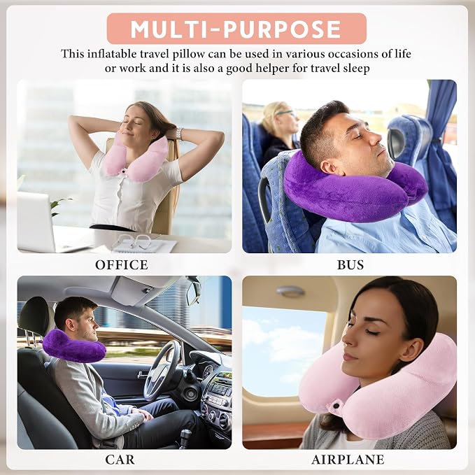 Sintuff 2 Pack Inflatable Travel Pillow for Airplanes Inflatable Neck Flight Pillows with Compact Bag and Blindfold for Traveling, Airplane, Train, Car, Office(Light Pink and Violet) - Image 7