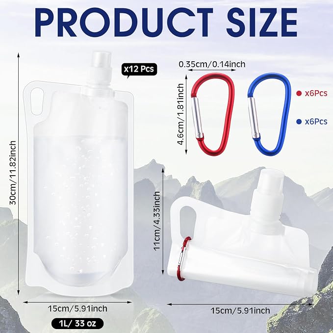 Maxdot 12 Pack 1L Collapsible Travel Water Bottles with Clip 33 oz Clear Foldable Water Pouch Container Bag for Hiking Backpacking Camping Travel Emergency - Image 2
