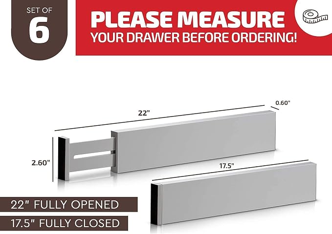 Bambüsi Bamboo Drawer Dividers 6 Pack - Deep Drawer Organizer, Adjustable 16 to 22 Inch Expandable Dividers, 2.6 Inch High Wood Separators for Kitchen, Clothes, Bedroom, Bathroom, Office - Grey | Bamboo, Spring Loaded, No Tools Needed, Fits Wide Drawer... - Image 2