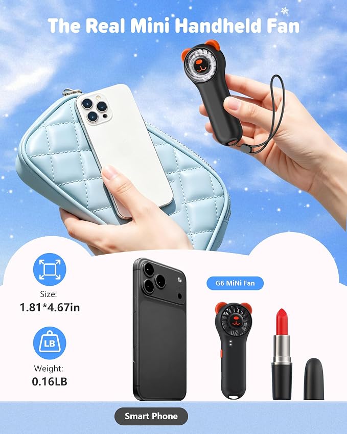 Portable Handheld Fan, Cute Bear Mini Fan with 11000 RPM High Speed, Rechargeable Personal Fan with 4 Speeds, Pocket Small Fan for Travel, Makeup, Lash, Gifts for Women Girl - Black - Image 6