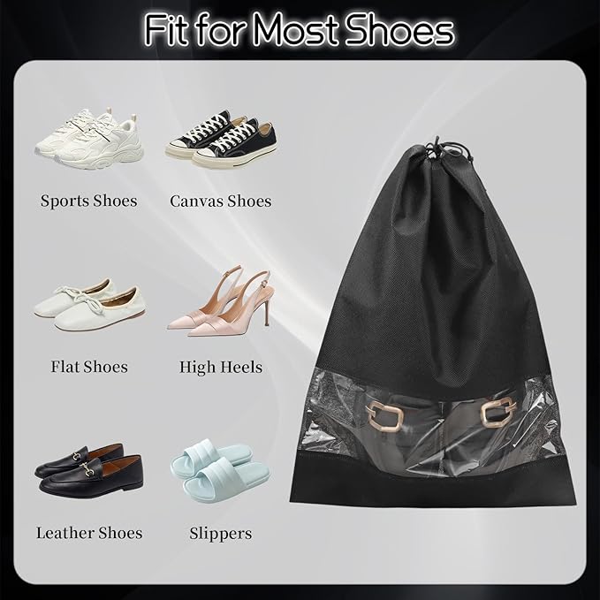 12 Pcs Portable Travel Shoe Bags, 17.3 x 12.6 Inches Waterproof Non-Woven Shoe Organizers Storage Bags, Large Drawstring Shoes Pouch Packing Organizers with Rope for Men, Women, Children (Black) - Image 3