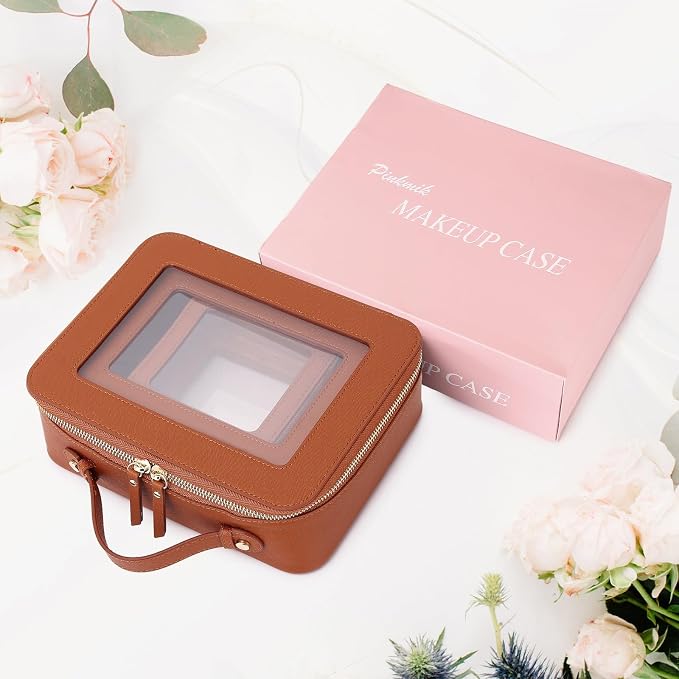 Pinkmik Clear Makeup Bag, (Brown, L+M+MINI) | Waterproof, Travel Case for Cosmetics and Toiletries, Women's Purse Organizer, Clear Car Bag with Zipper - Image 7