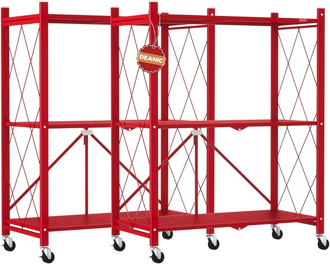 DEANIC 3 Tier Foldable Storage Shelves with Wheels, Kitchen Appliance Stand, Freestanding Metal Wire Shelf Rack, No Assembly Organizer Rolling Cart for Garage, Basement, Pantry(Red Pack of 2) by ShowNow