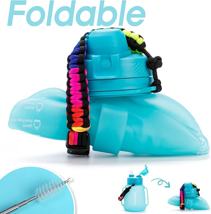 TakeToday Collapsible Water Bottles for Outdoor, 40oz, Blue | Time Marker, BPA-Free Silicone, Folds for Travel, Paracord Handle for Hiking, Gym, Camping, Leakproof - Image 2