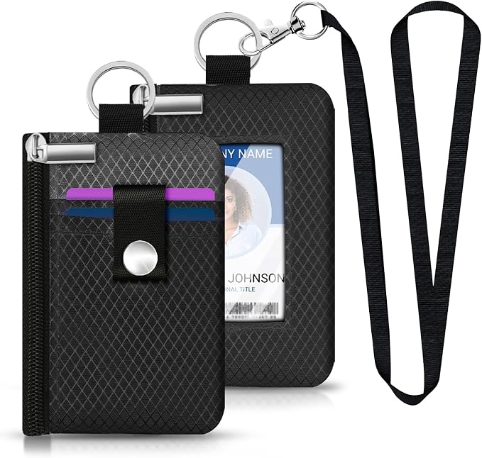 Minimalist RFID Blocking Small Wallet with ID Window,WaterResistant Zip Id Case Wallet with Lanyard Keychain for Cards,Cash,Travel,Women,Men (Black/DarkGrey) - Image 6