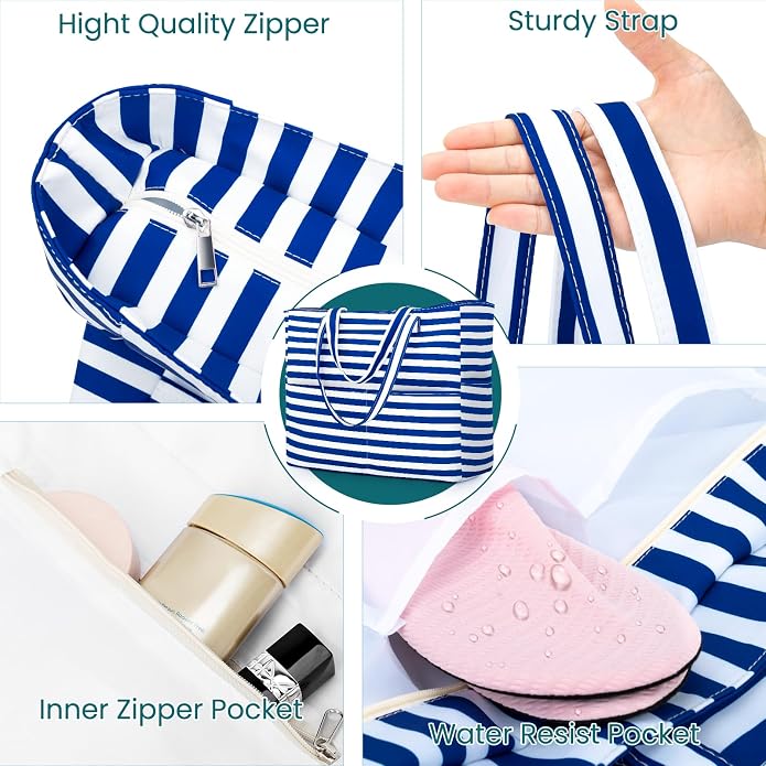 Iioscre Beach Bag for Women, Causal Hobo Handbags with Zipper Inner Pocket | Foldable Swim Tote Bag for Beach Vacation Essentials - Image 5