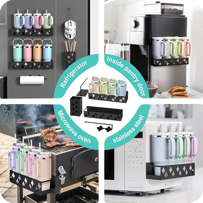 Magnetic Water Bottle Organizer for Fridge, Cup Holder for Stanley 30 40 Oz with Tumbler Lid & Straw & Paper Towel Holder, 8 Tumblers Kitchen Storage Rack for Stanley Cup Accessories, Space-Saving - Image 4