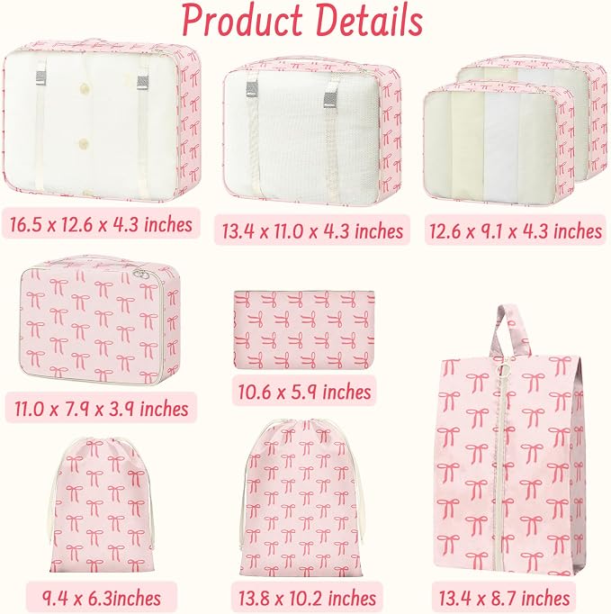 9 Set Packing Cubes for Travel Essentials - Lightweight Carry-On Luggage Organizer Bags with Shoe, Clothes & Laundry Bags for Airplane, Family & Business Travel, Pink bow - Image 2