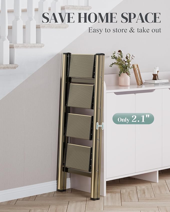 4 Step Ladder, Foldable Aluminum Step Stool with Anti-Slip Pedal | Lightweight yet Sturdy, Portable, Non Slip Feet, 300Lbs Capacity, Elegant Look, for Kitchen, Closet, Pantry, Champagne Gold - Image 6