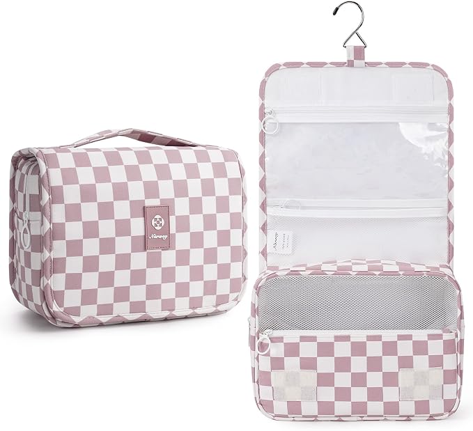 Narwey Small Hanging Travel Toiletry Bag for Traveling Women, Checkered Travel Bag for Toiletries, Makeup Bag Organizer Make Up Cosmetic Bags,Gifts for Kids Teen Girls (Dusty Pink Checkerboard) by Narwey