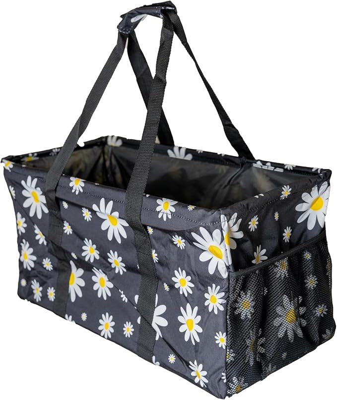 Extra Large Utility Tote Bag - Oversized Collapsible Reusable Wire Frame Rectangular Canvas Basket With Two Exterior Pockets For Beach, Pool, Laundry, Car Trunk, Storage - Black Daisy by Lucazzi