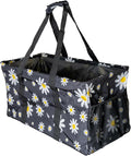 Extra Large Utility Tote Bag - Oversized Collapsible Reusable Wire Frame Rectangular Canvas Basket With Two Exterior Pockets For Beach, Pool, Laundry, Car Trunk, Storage - Black Daisy by Lucazzi