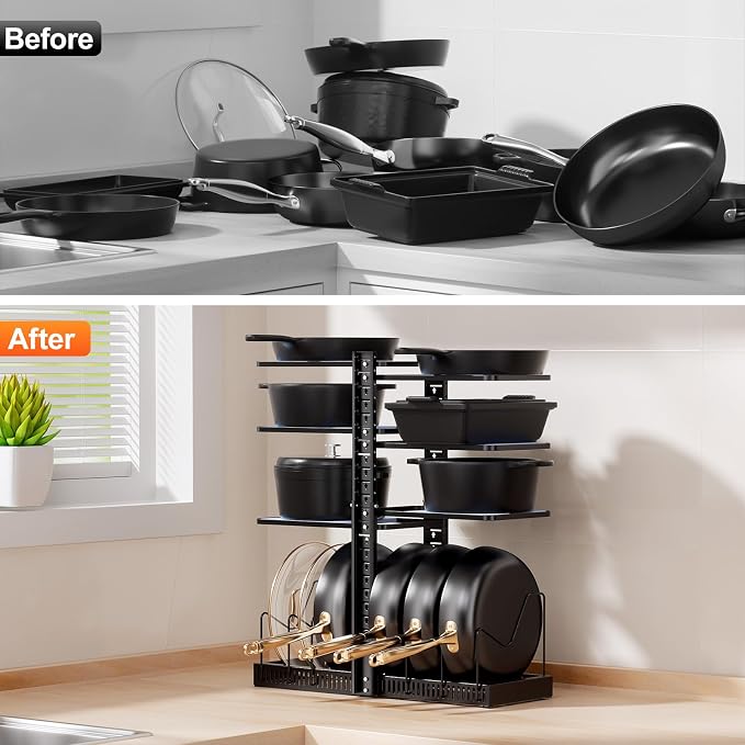 LAMU Pots and Pans Organizer under Cabinet, Adjustable Height Up to 24'', 6 Tier Pot Organizer Rack with 6 Horizontal Dividers, Adjustable Pot and Pan Organizer for Kitchen Storage, Black - Image 8