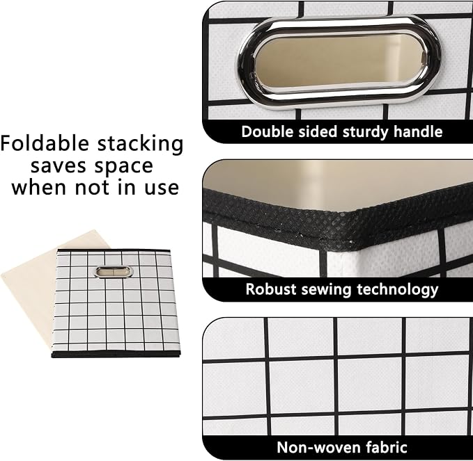 Yunkeeeper storage bins Cubes, Fabric Cube Organizer with Handle, Foldable Cube Bins for Cloth or Accessary Storage, 11x11x11, Set of 3,(White grid) - Image 7