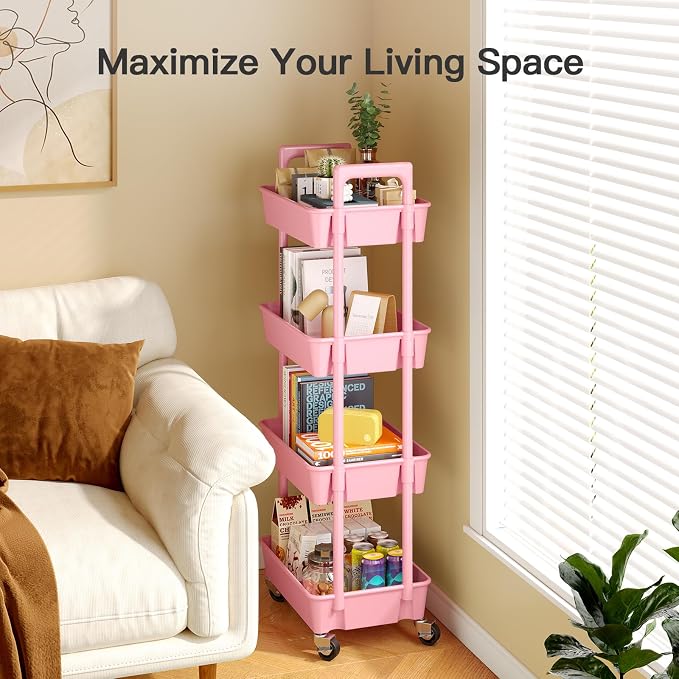 Pipishell 4 Tier Rolling Cart Organizer, Plastic Rolling Cart with Lockable Wheels & Reinforced Handle, Lightweight Utility Storage Cart for Nursery, Kitchen, Craft Room, Pink - Image 5