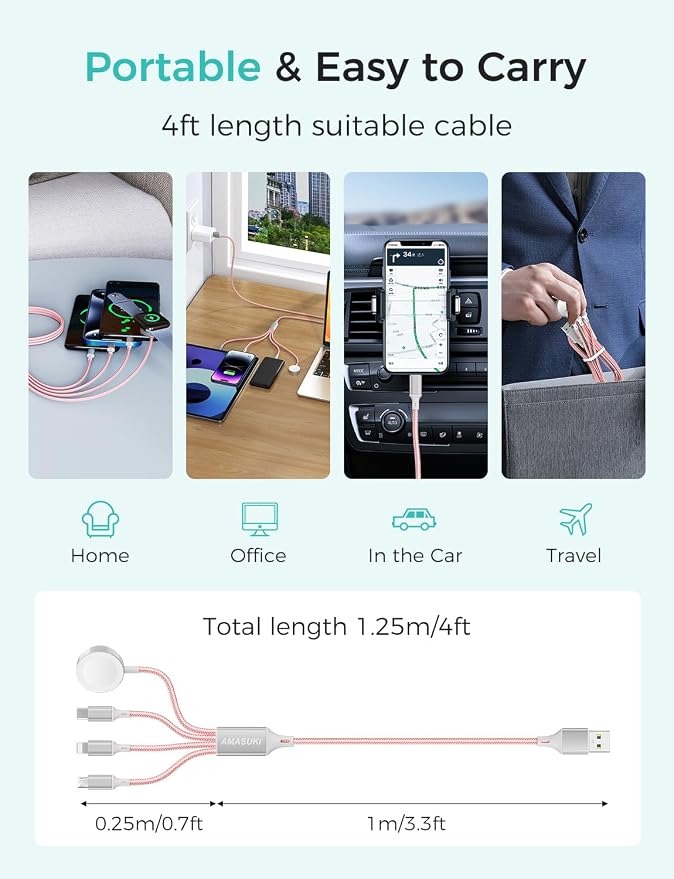 2Pack Multi Charging Cable for Apple Watch Charger 4 in 1 Travel Essentials RV Camping Essentials USB C/L/Micro Compatible with iWatch Series 11-1/iPhone 17/16/15/Android Airplane Gadgets-4FT/Pink - Image 5