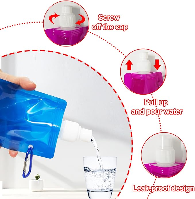 smilixin 10 Pack Collapsible Water Bottles,Collapsible Bag Water Bottles | Drinking Water Bags with Carabiner Clip,480ml Travel Water Bottle,Leak Proof,Reusable,BPA Free for Camping,Hiking Travel,Gym - Image 3